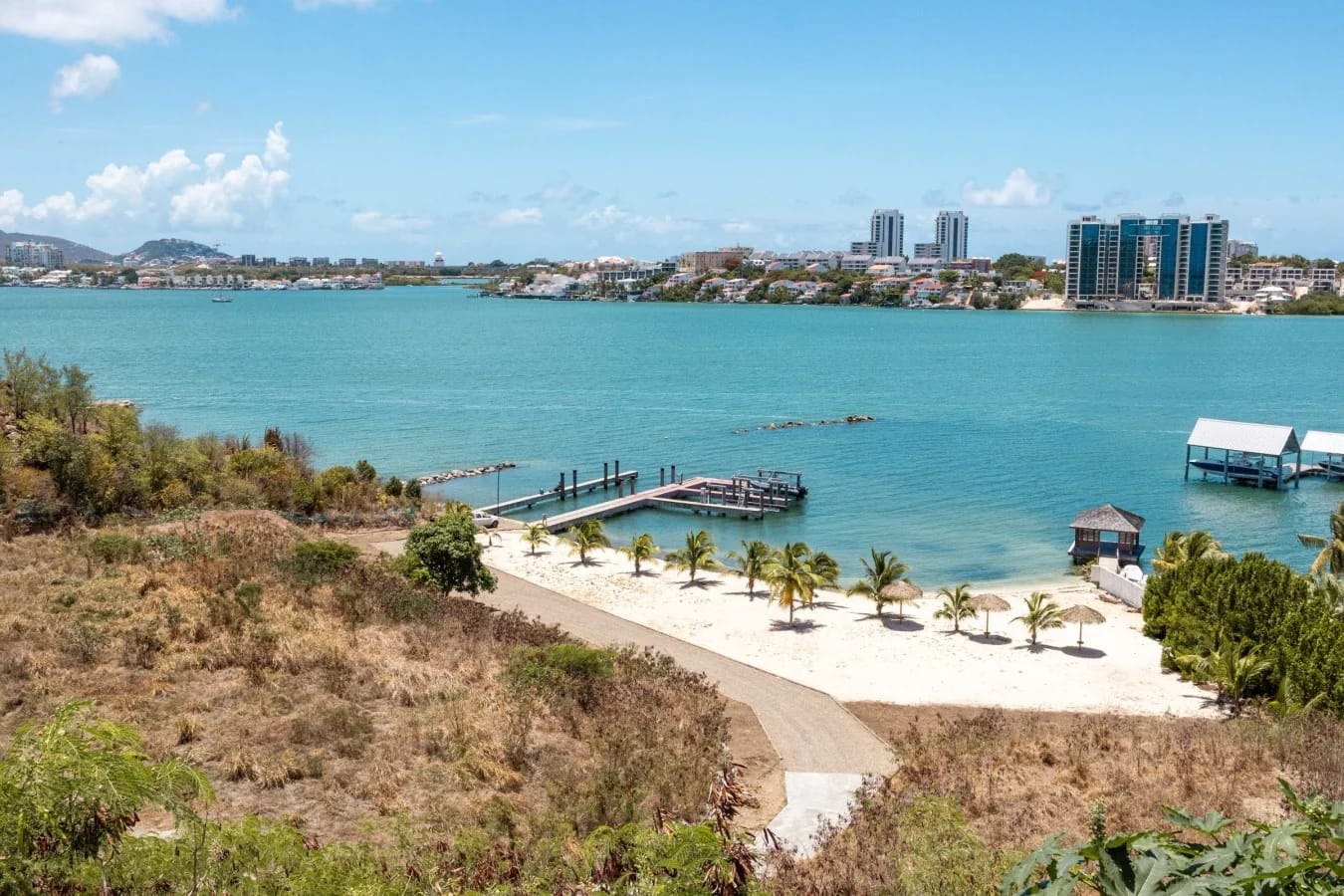 The private pier and beach from above
