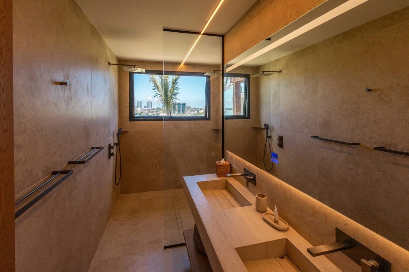 A stone and timber bathroom
