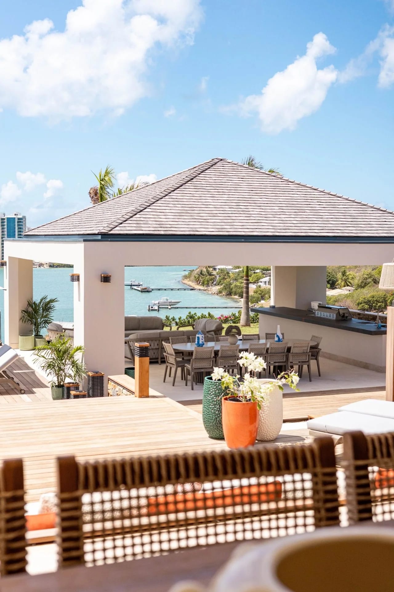 The pavilion dining table facing the lagoon